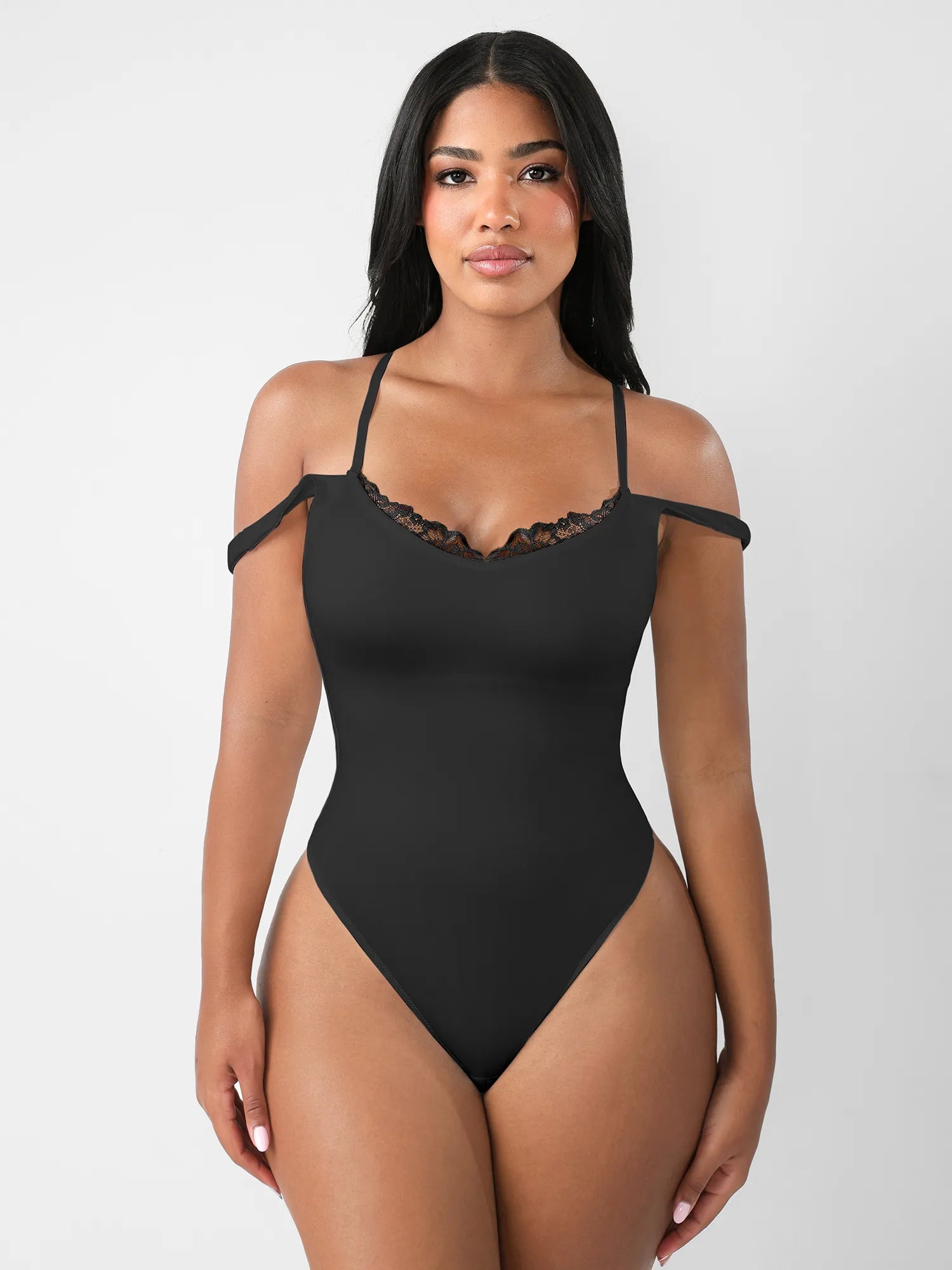 Lace-Trimmed Deep V Bodysuit