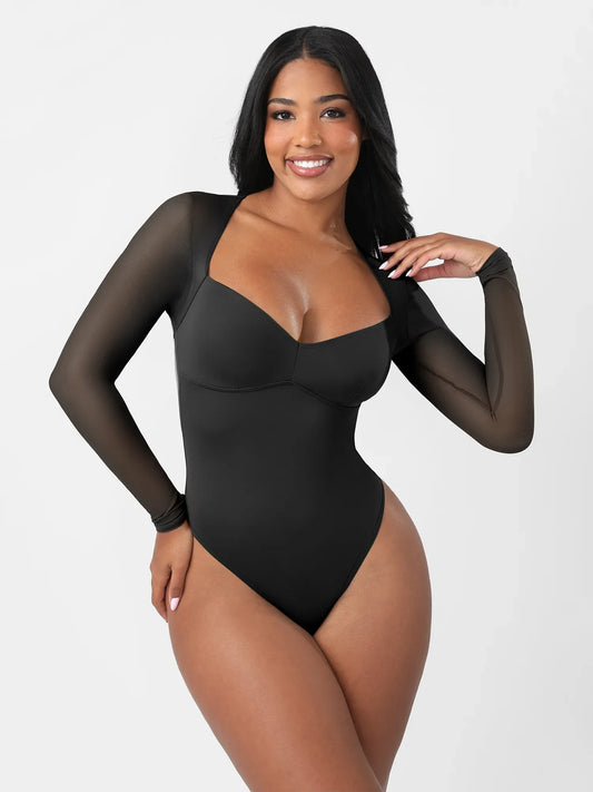 Mesh Panel V-Neck Thong Bodysuit