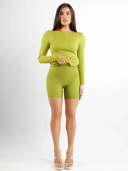 Popilush Shapewear Long Sleeve Boat Neck Sculpting Midi Dress