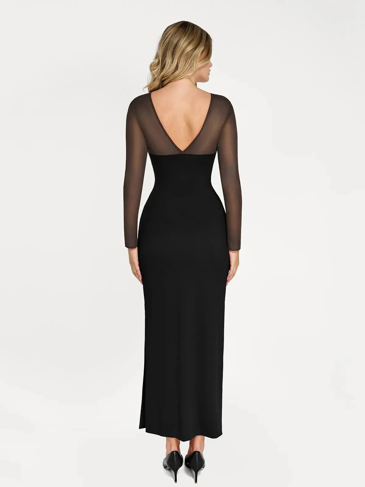 Popilush Shapewear Mesh Long Sleeve V-Back Slimming Maxi Dress