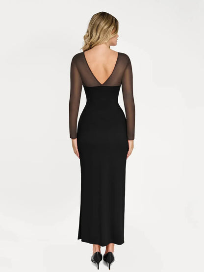 Popilush Shapewear Mesh Long Sleeve V-Back Slimming Maxi Dress