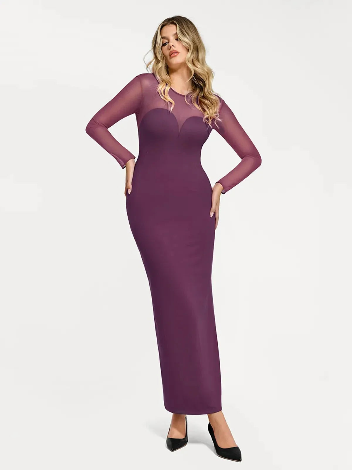 Popilush Shapewear Mesh Long Sleeve V-Back Slimming Maxi Dress
