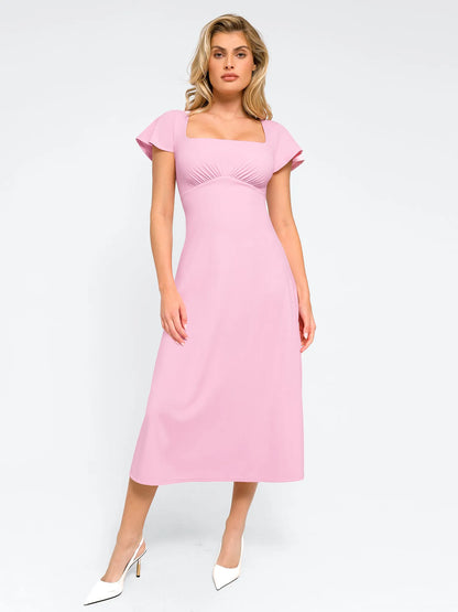 Popilush Shapewear Flutter Sleeve Sculpting A-Line Midi Dress