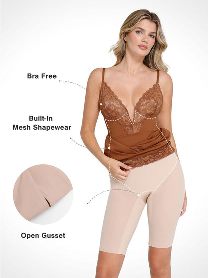 Popilush Shapewear Built-In Sculpting Lace Trim Midi Slip Dress