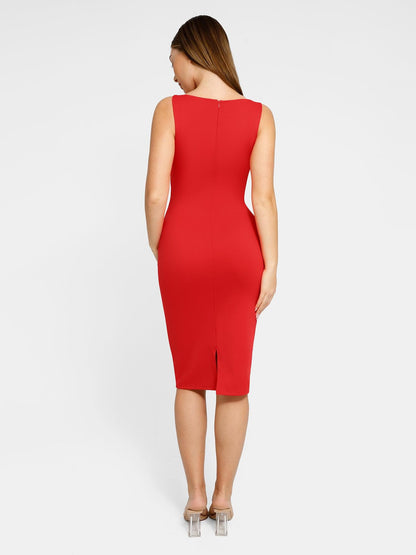 Popilush Shapewear Sleeveless Boatneck Sculpting Midi Work Dress
