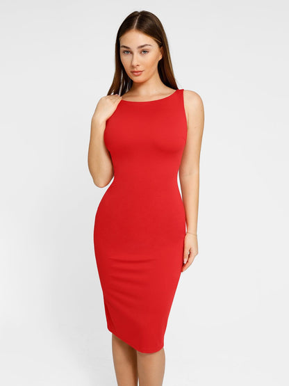Popilush Shapewear Sleeveless Boatneck Sculpting Midi Work Dress